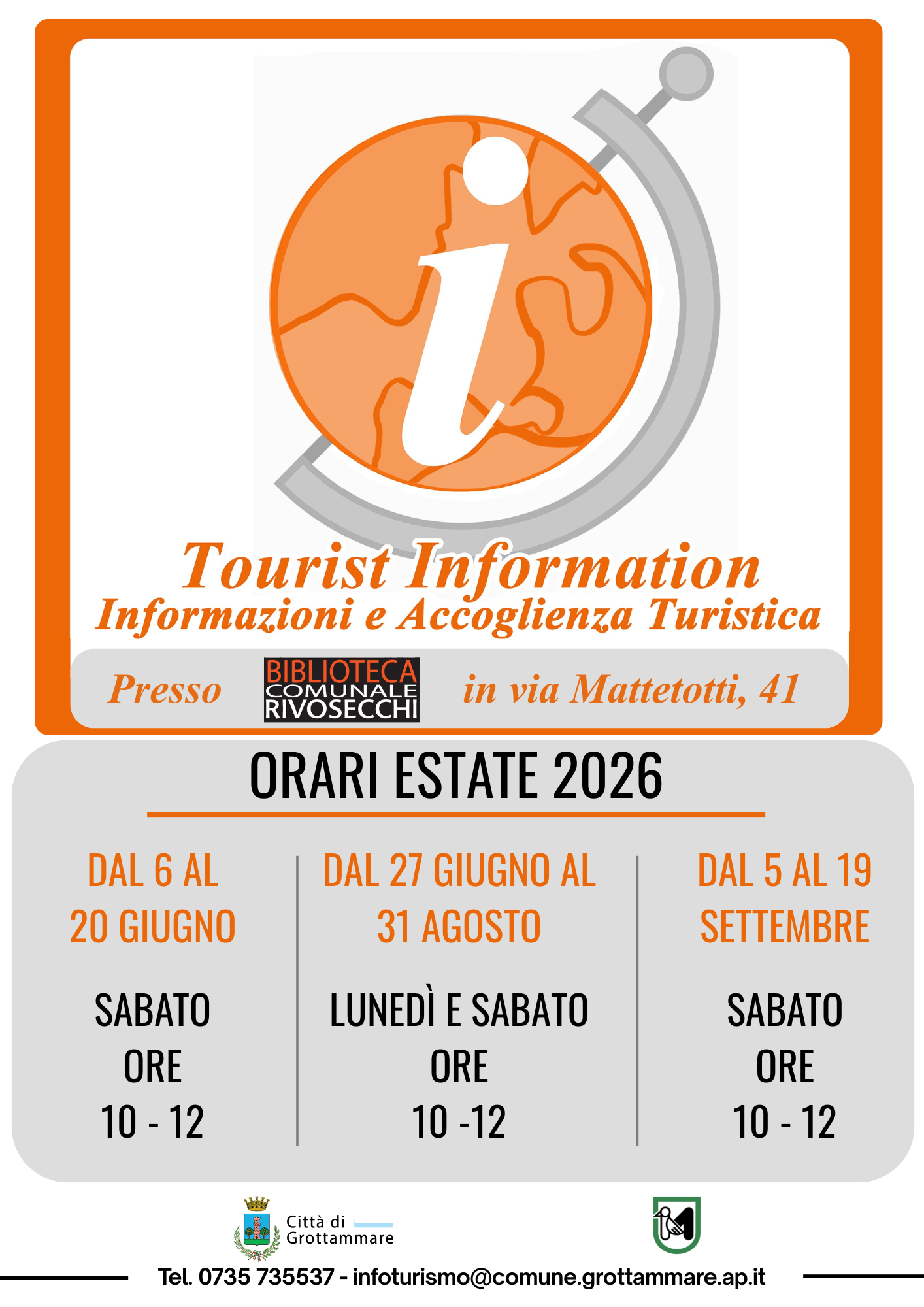 Tourist information - Orari IAT biblioteca ESTATE 2026